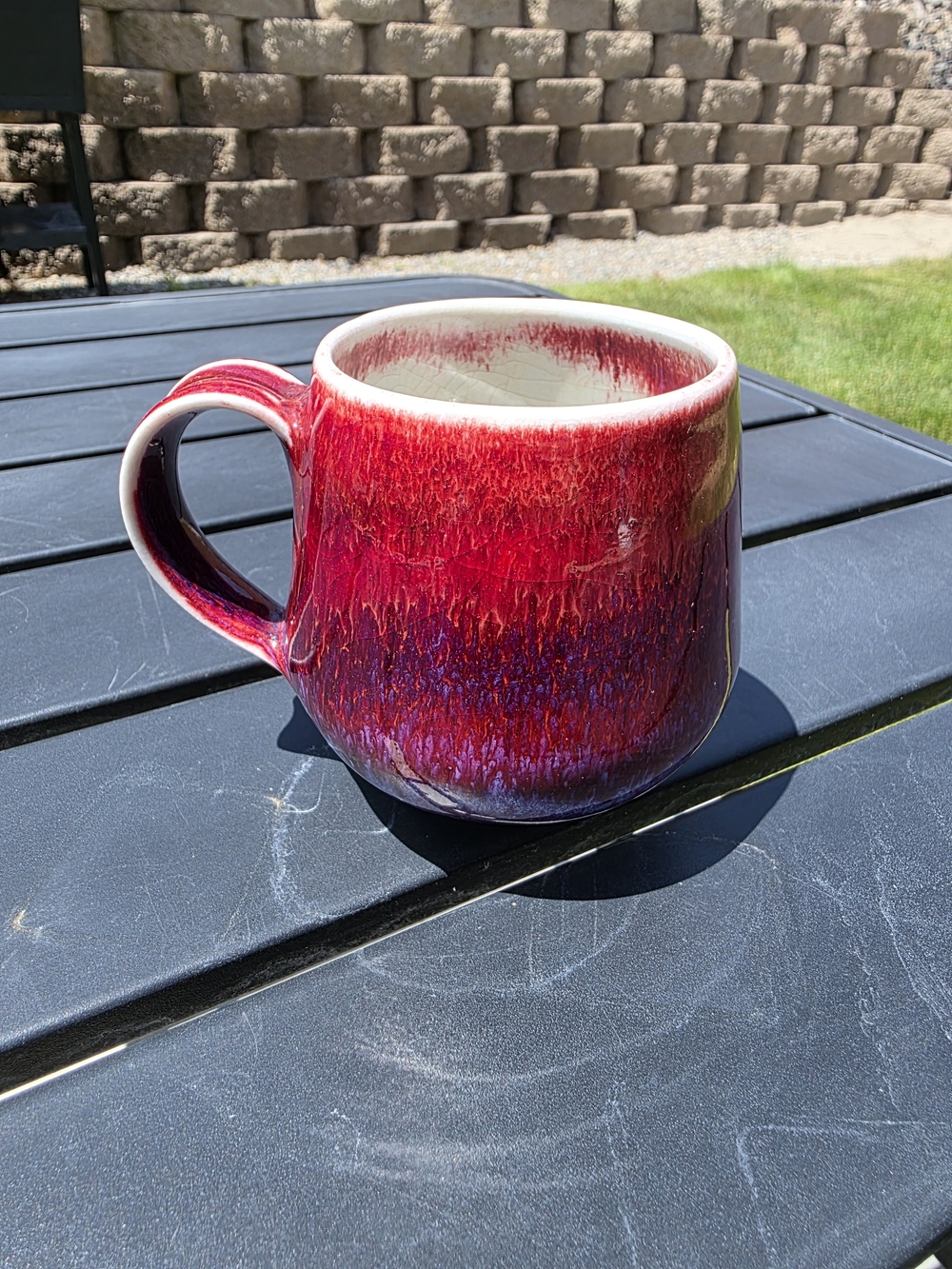 Signed Art Pottery Mug Oxblood Flambe Drip Glaze Red Purple Studio
